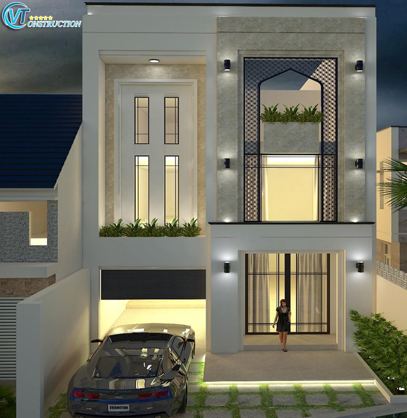 Phối cảnh nhà phố 2 tầng đẹp với tầng 1 có chỗ để oto và sân trước nhỏ