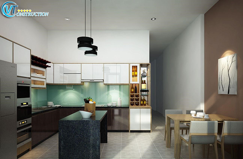 Thiết kế phòng bếp tông màu xanh ấn tượng